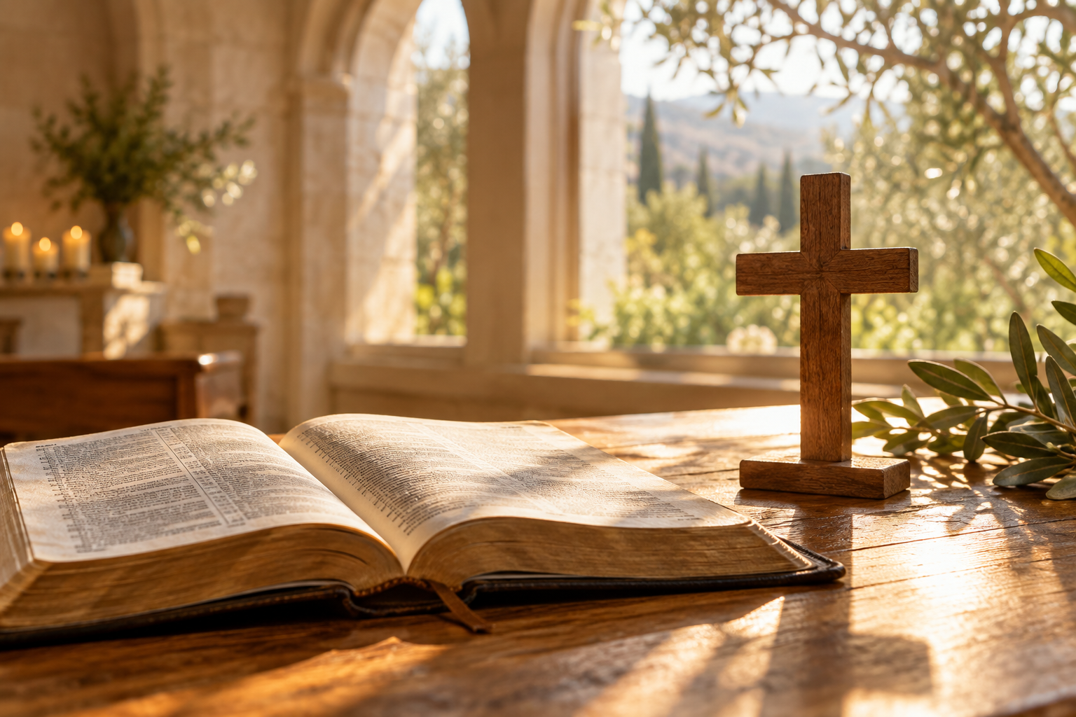 An open Bible and a wooden cross in warm morning light, an AI-created illustrative image.